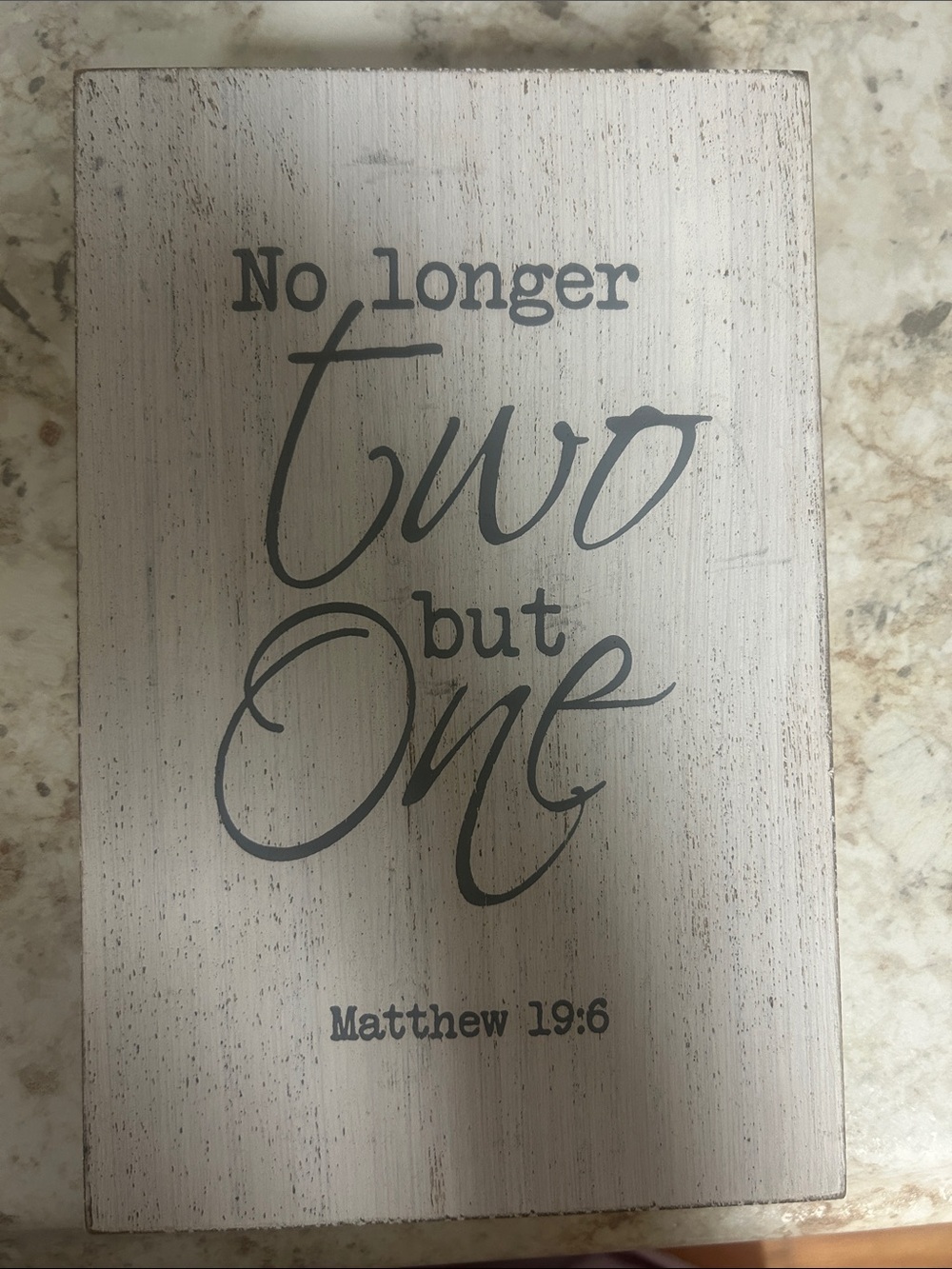 Wooden Wall Plaque "No longer two but one" in White and Gray